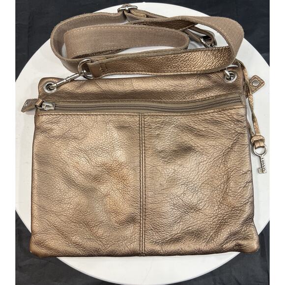 Fossil Pebble Grain Leather Crossbody Handbag Purse Bronze Metallic Pockets - Picture 2 of 14